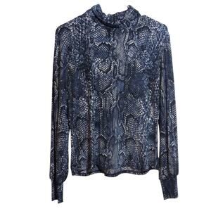 Andria Lieu Blue Snake Print Mock Neck  Long Sleeve Blouse Top Size M